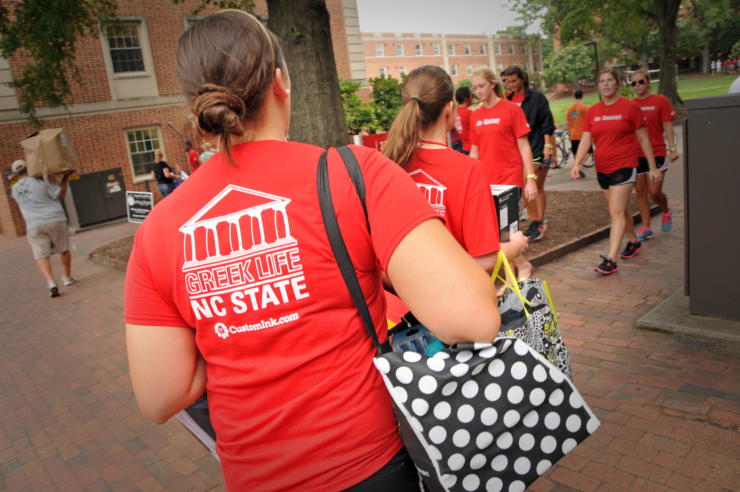 Student volunteers carry other students' gear up to their residence hall during Friday's move-in.